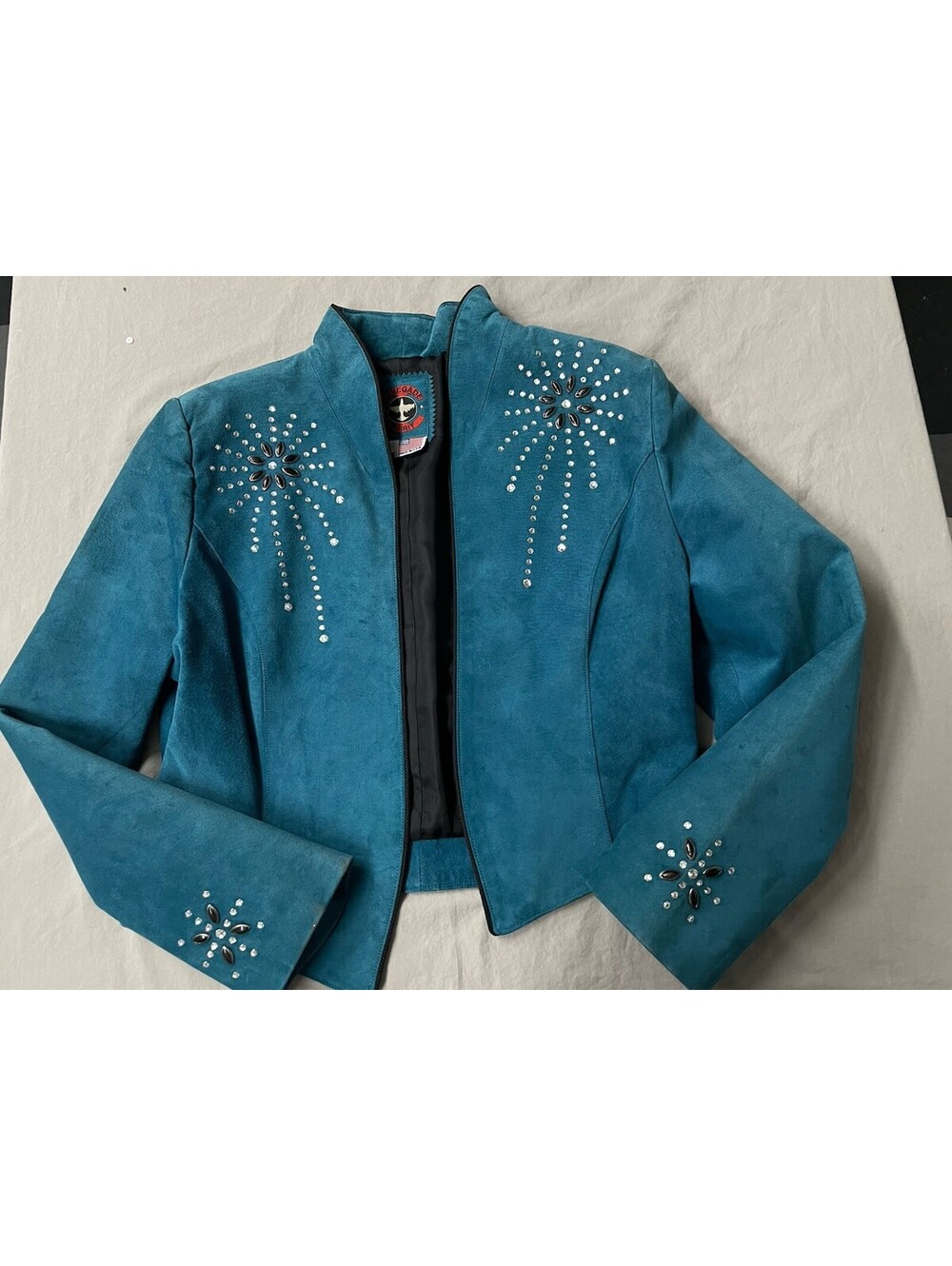 Women's Vintage Renegade Spirit Embellished Teal Leather Jacket - M -